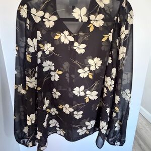 CAbi Black Floral Sheer Blouse